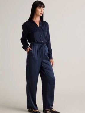 NWT Quince Women 100% Washable Silk Drawstring Wide Leg Pants Navy Blue XS